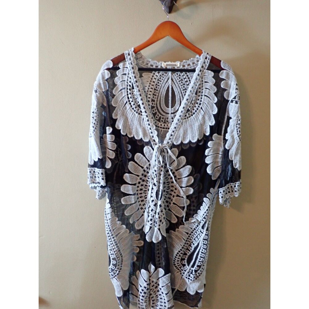 Amber Sheer Black White Floral Lace Kimono Cardigan Duster Boho Chic Coverup OS
